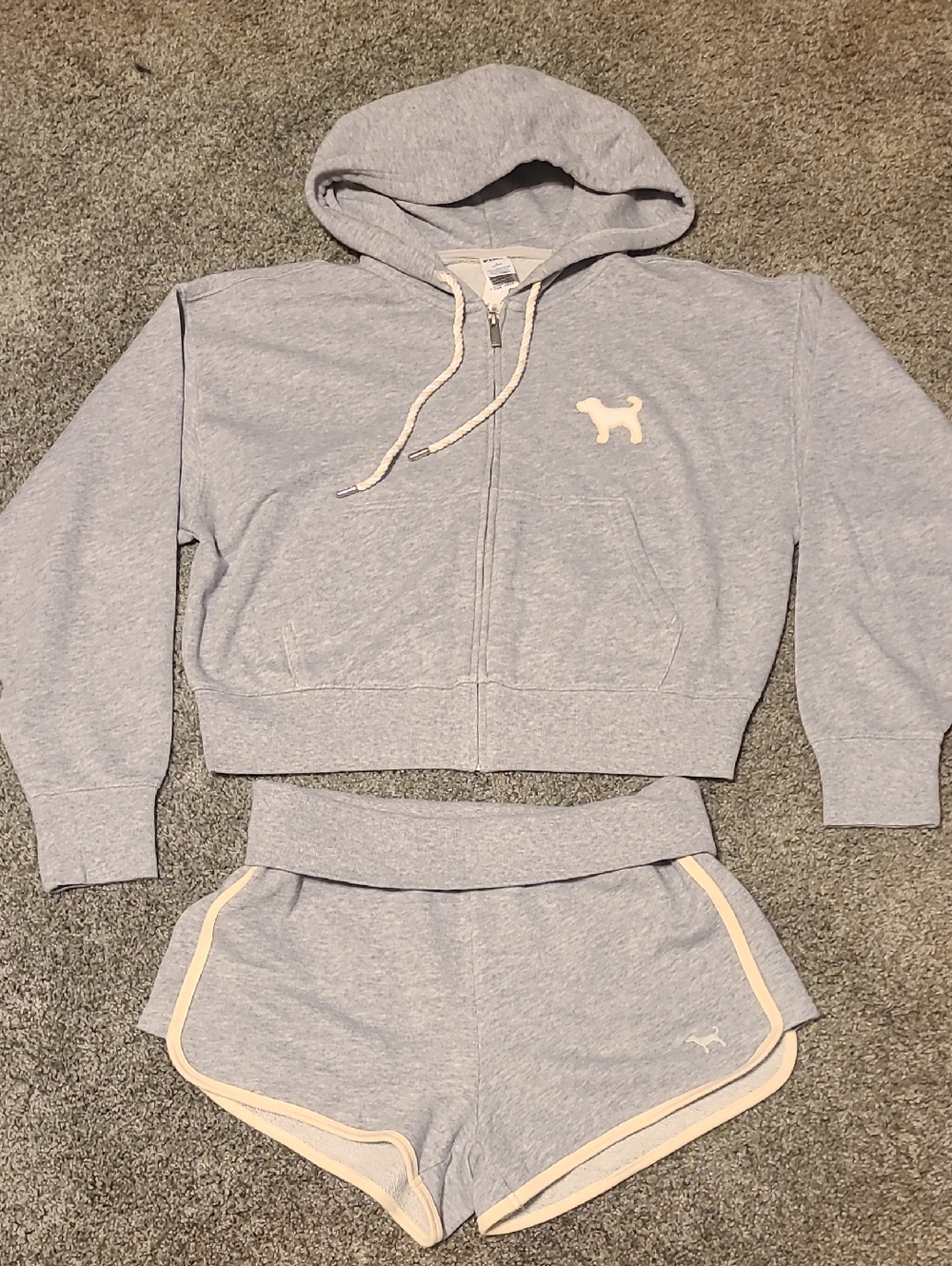 Victoria's Secret PINK Light Gray Cropped Hoodie & Foldover Shorts Set